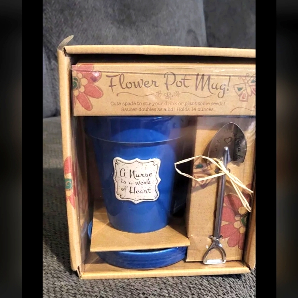 Nurse Coffee Mug Cup Flower Box Set Divinity Blue Nurse 14 ozs w Lid & Spoon NEW